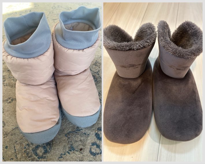 左：ワークマン「Heyaルームシューズ」　右：ユニクロ「フリースブーツルームシューズ」