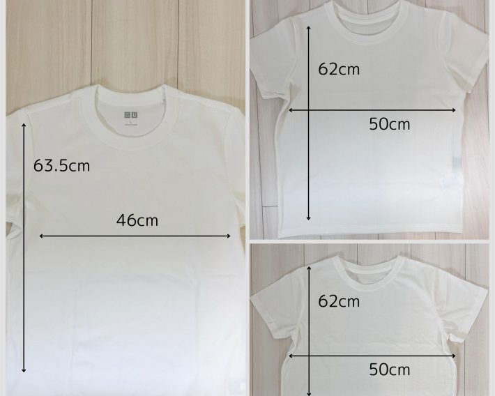 左：ユニクロ／右上：ワークマン（ワッフル生地）／右下：ワークマン（天竺生地）