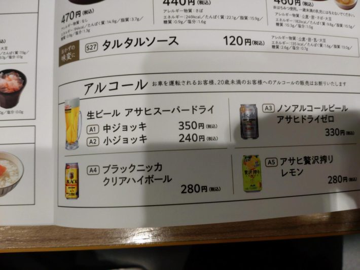 メニュー表アルコール