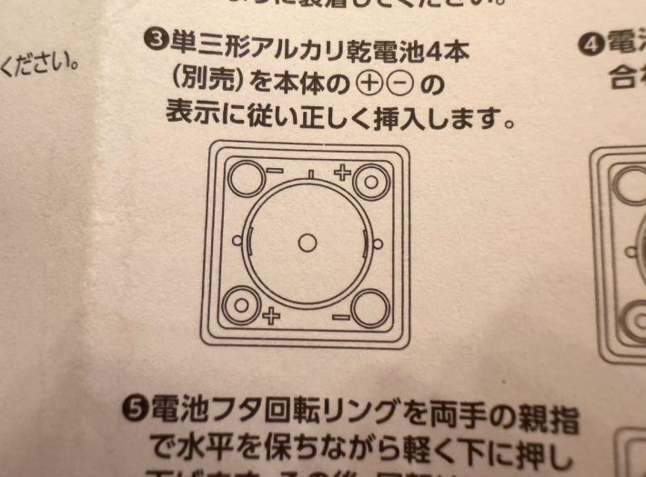説明書に書かれていた電池の向きのイラスト