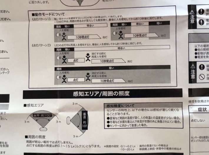 感知エリアは約3ｍで水平・垂直共に約100°