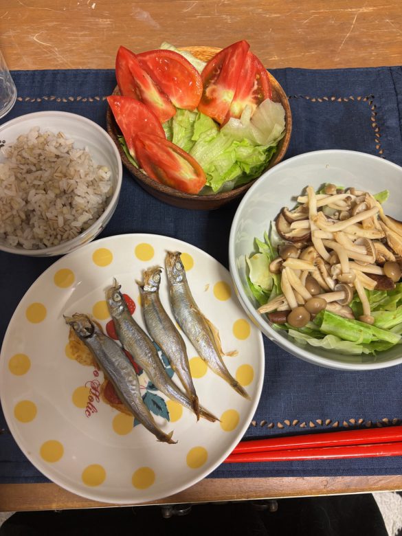 指導直後に作った夕飯の子持ちししゃもの定食