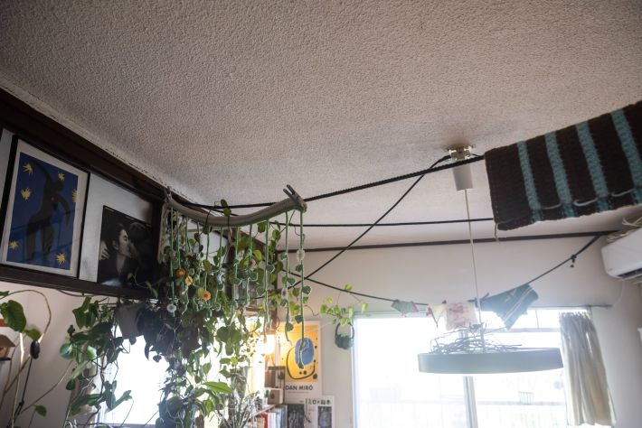 照明用のコードやロープが張り巡らされている