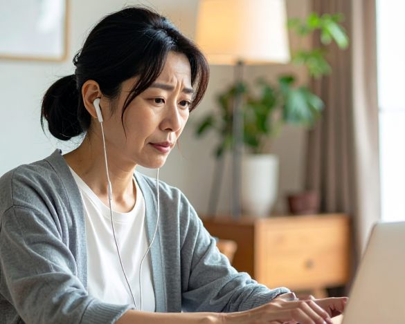 パソコンにむかって神妙な面持ち