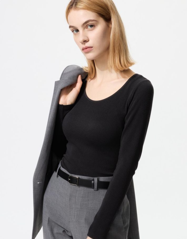 極暖ヒートテックリブUネックブラTシャツ/長袖