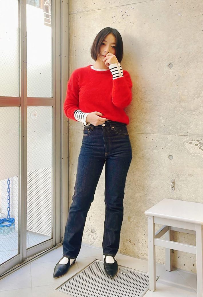 リブニットボーダーボタンスリーブプルオーバーZ