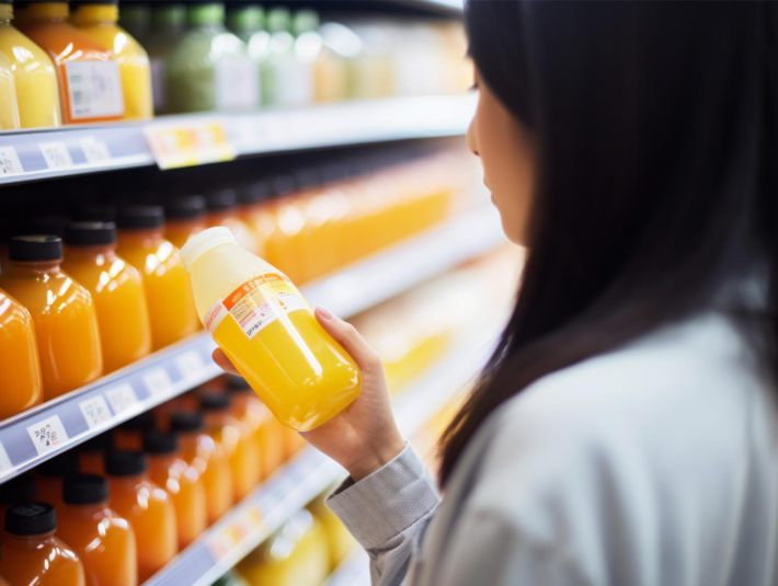 スーパーでジュースのラベルをチェックする女性