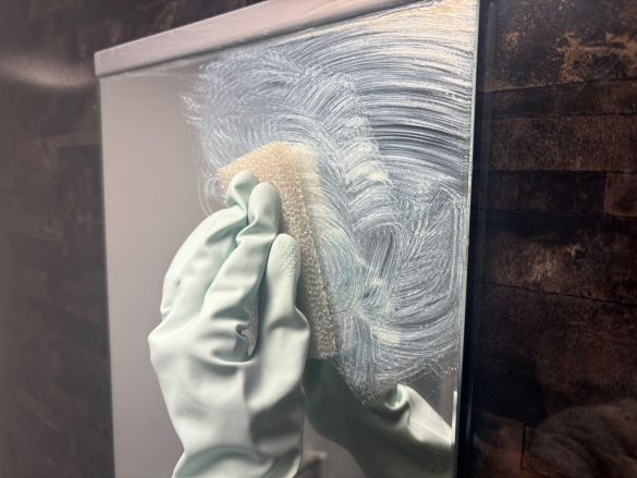 鏡をこする様子