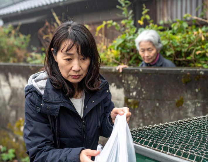 ゴミ捨てをする女性を見張る老婆