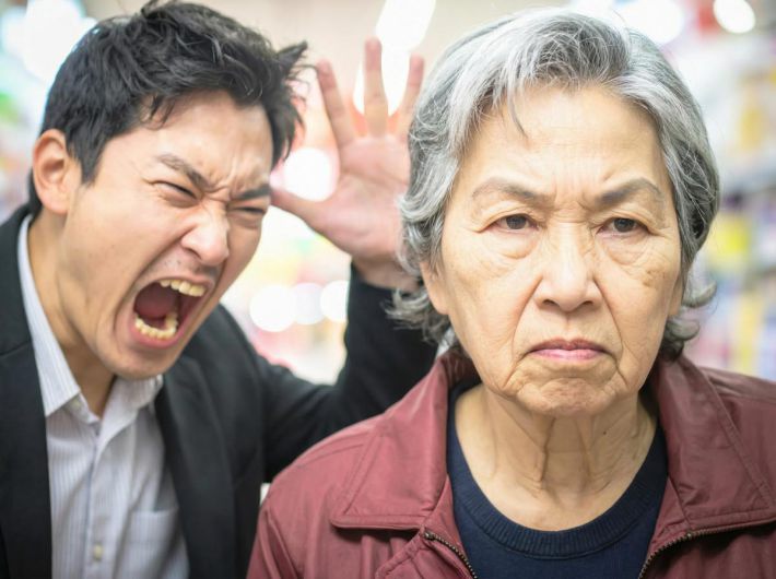スーパーで喧嘩する老婆と男性