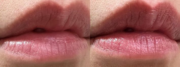 左：何も塗っていない状態、右：「薬用リップクリーム」を塗った状態