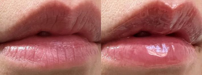 左：何も塗っていない状態、右：「リップエッセンス」を塗った状態