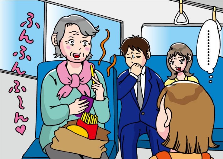 バスでマックを食べるお婆さん