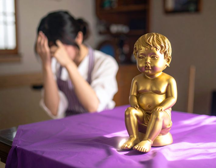 黄金の像と女性