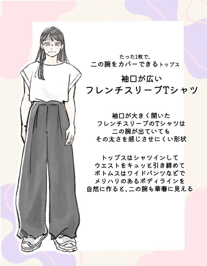 袖幅の広い、フレンチスリーブTシャツ 二の腕カバー