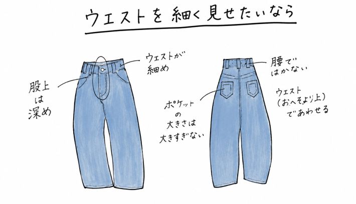 バレルレッグジーンズ　ウエスト細見え