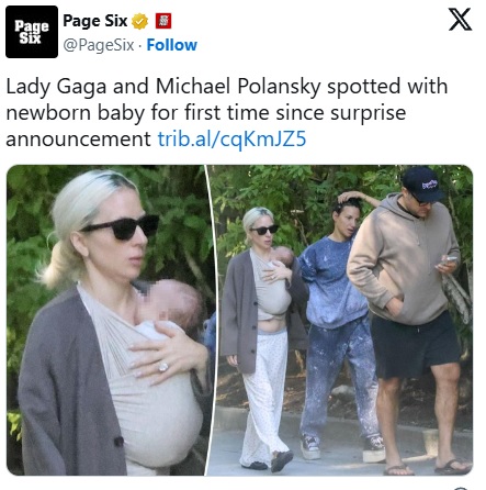 赤ちゃんをスリングで抱っこしたレディー・ガガ、そのそばをを歩くマイケル・ポランスキー氏